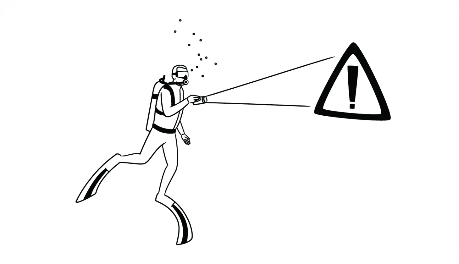 Illustration of a deep sea diver shining a light on a warning symbol